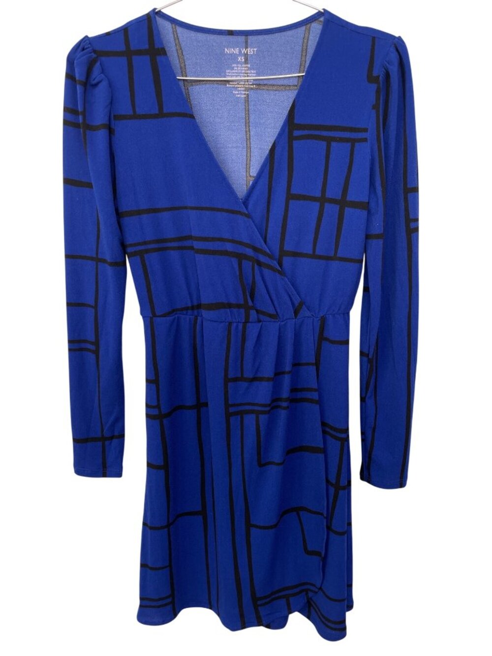 Nine West Dress XS Faux Wrap V-Neck Long Sleeve Geometric Blue Black Office Wear